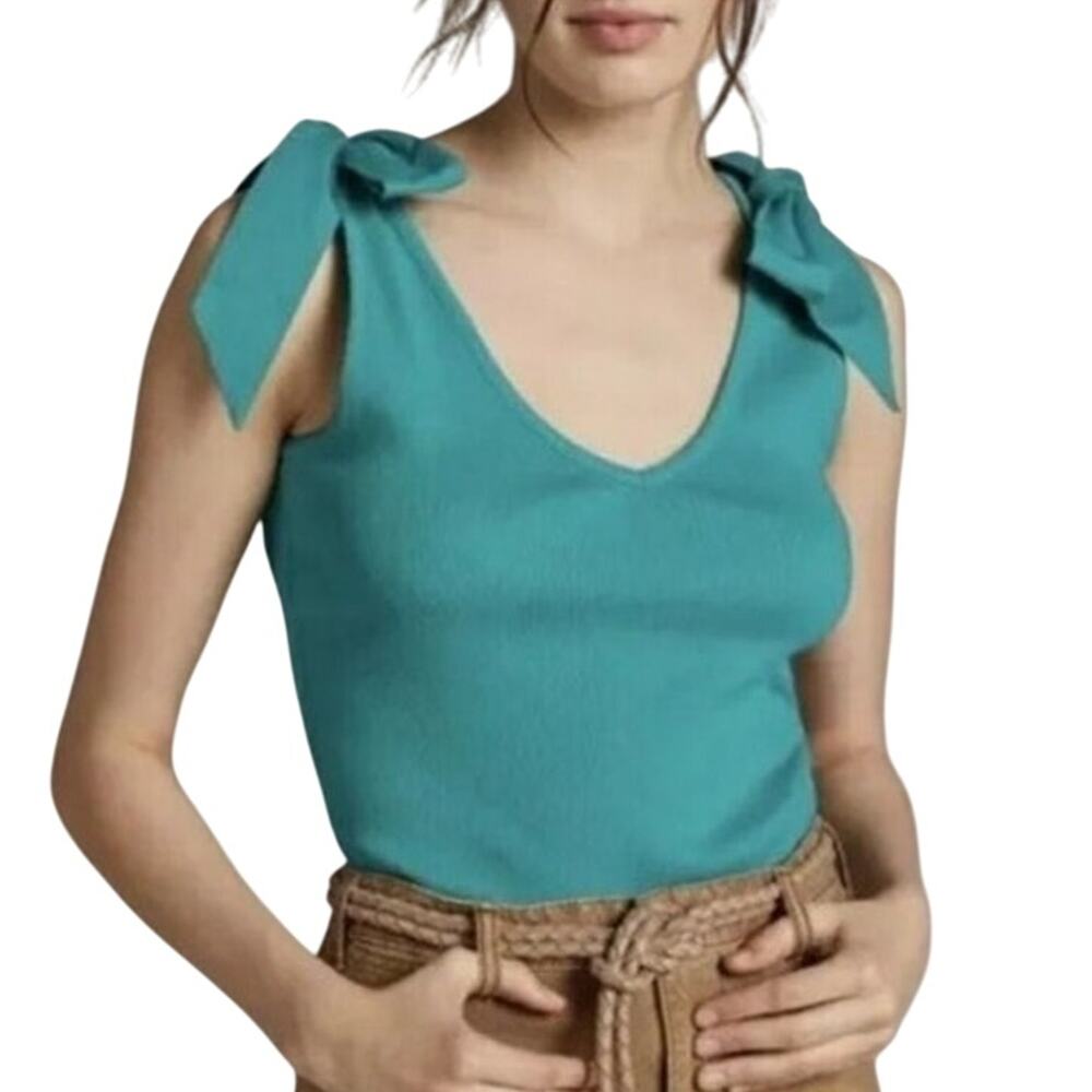 Anthropologie Maeve Green Bowtie Tank Top XL Cotton Stretch Feminine Summer NWT